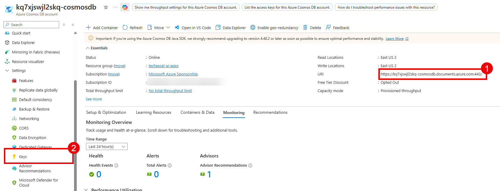 Collect information for Cosmos DB account.