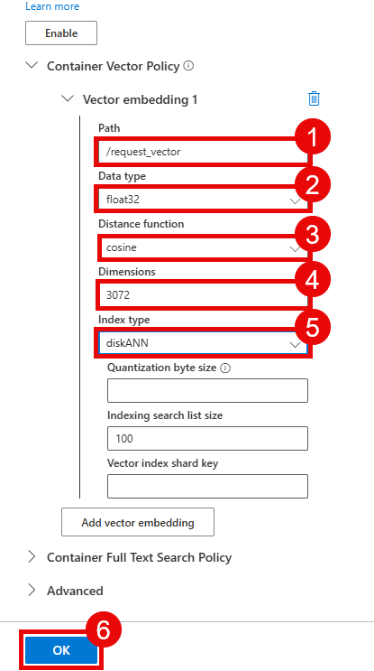 Configure a vector index new Cosmos DB container.