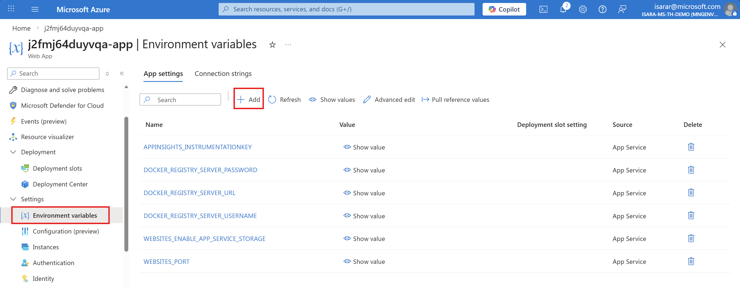 App Service Environment Variables