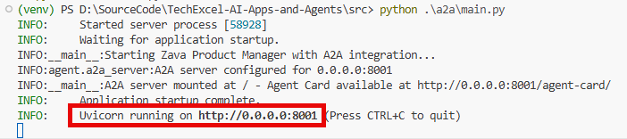 An example of the A2A application running on port 8001.