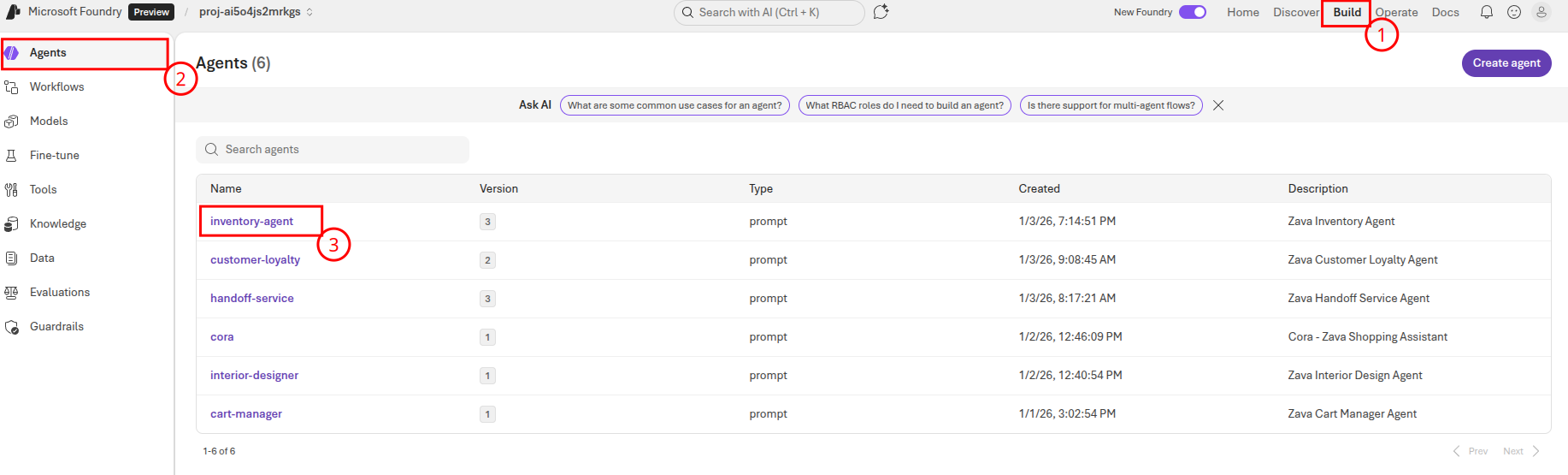 Select the inventory-agent in Microsoft Foundry.