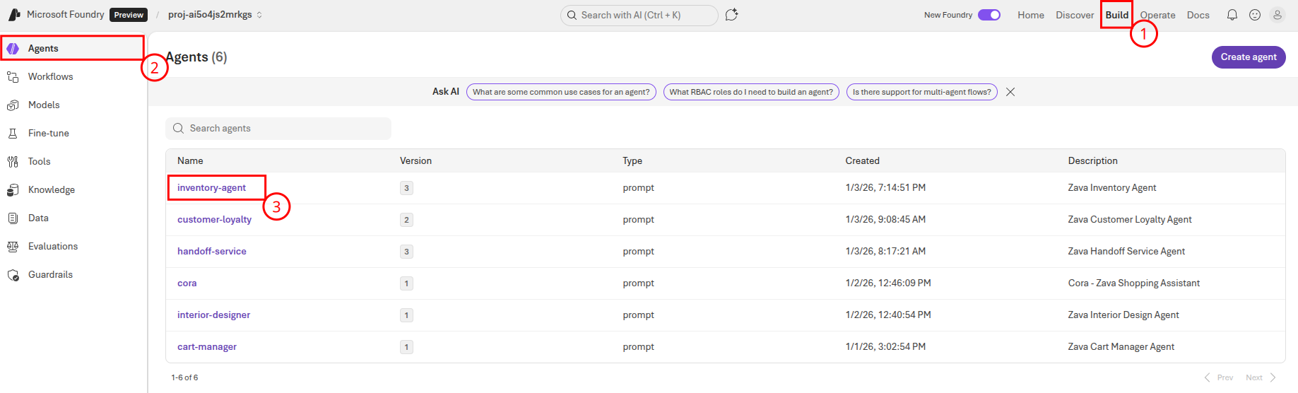 Open the inventory agent in Microsoft Foundry.