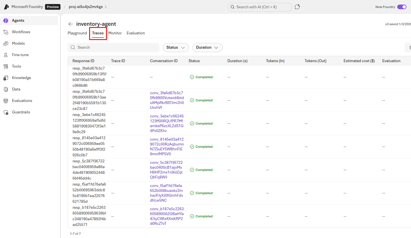 View traces for the inventory agent in Microsoft Foundry.