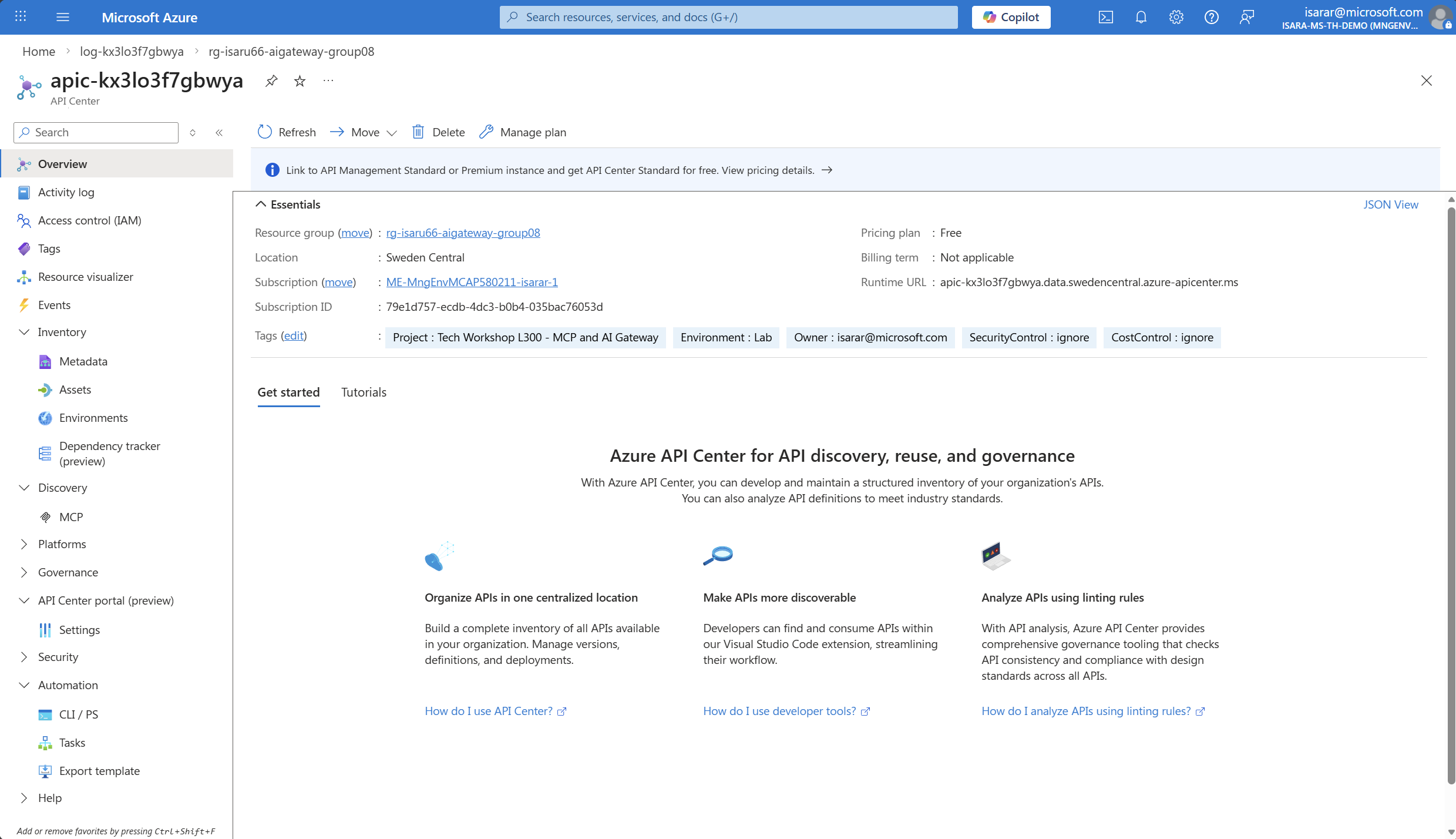 Open API Center instance in Azure portal