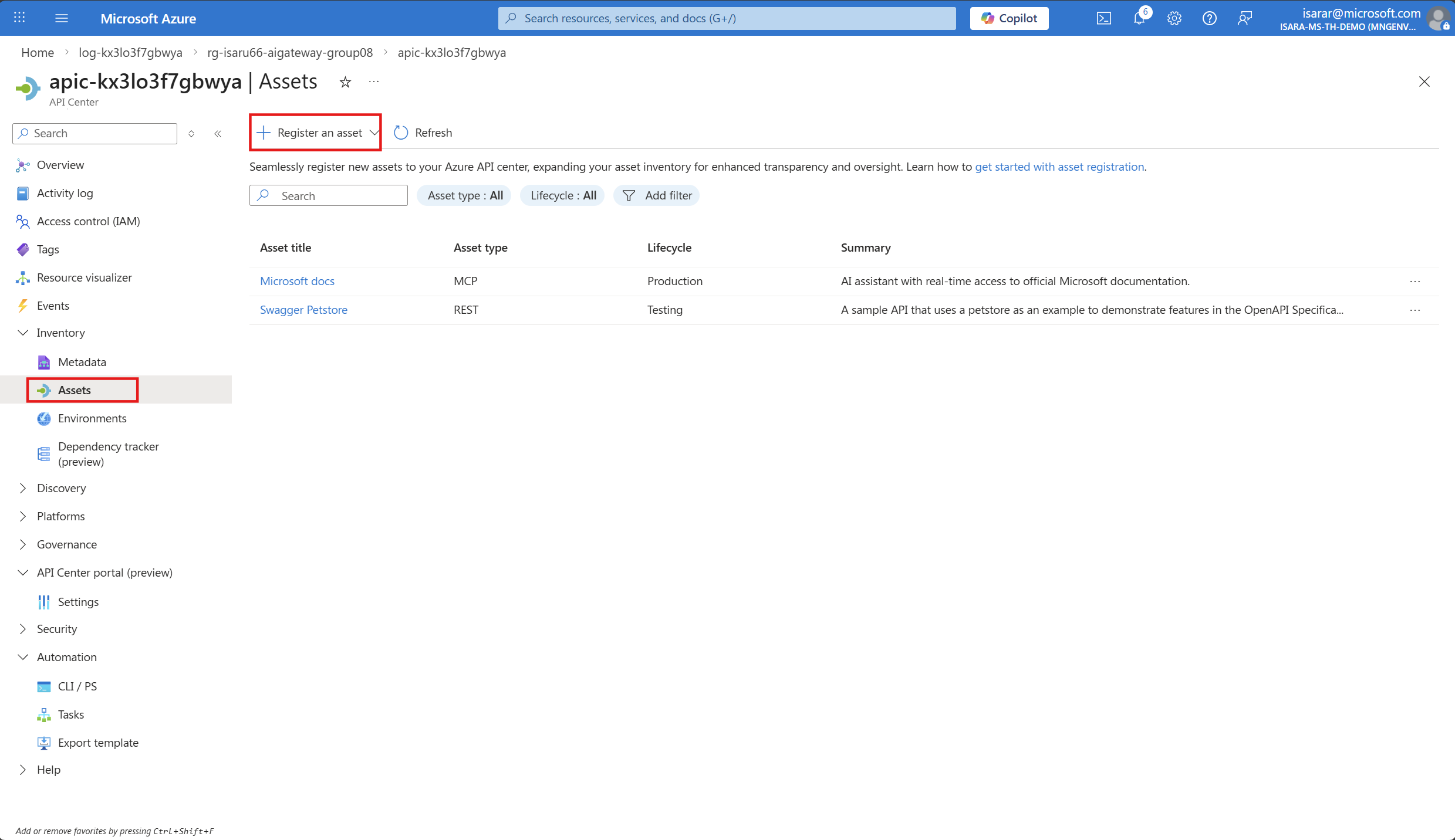 Open API Center instance in Azure portal