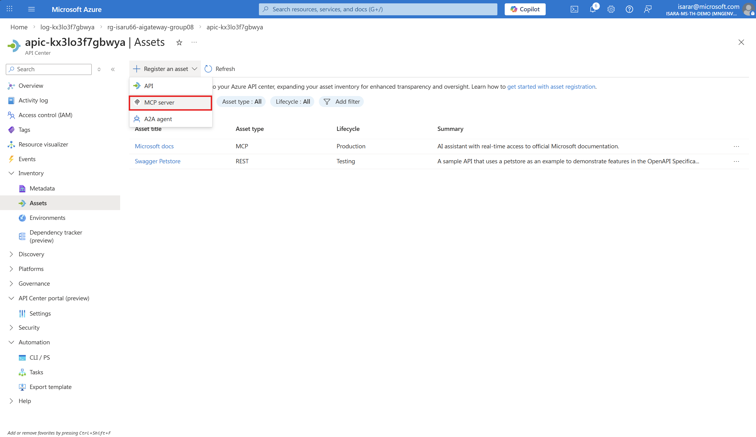 Open API Center instance in Azure portal
