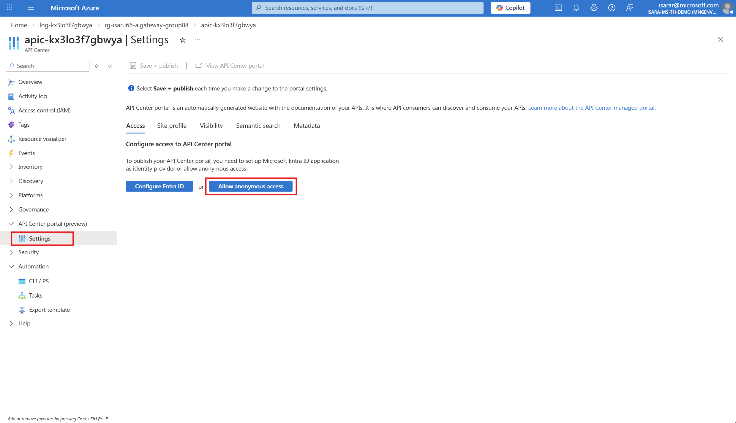 Open API Center instance in Azure portal
