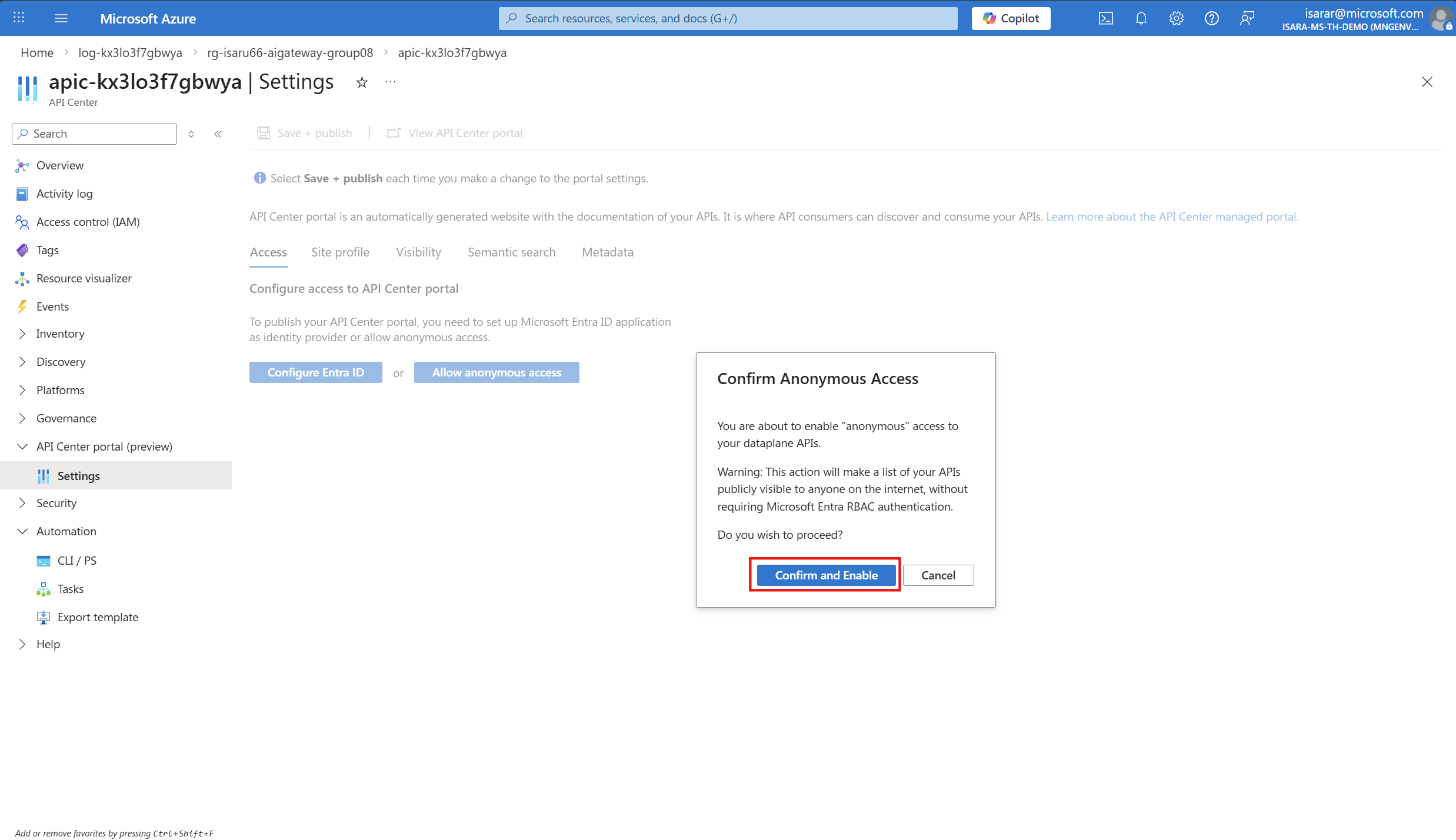 Open API Center instance in Azure portal