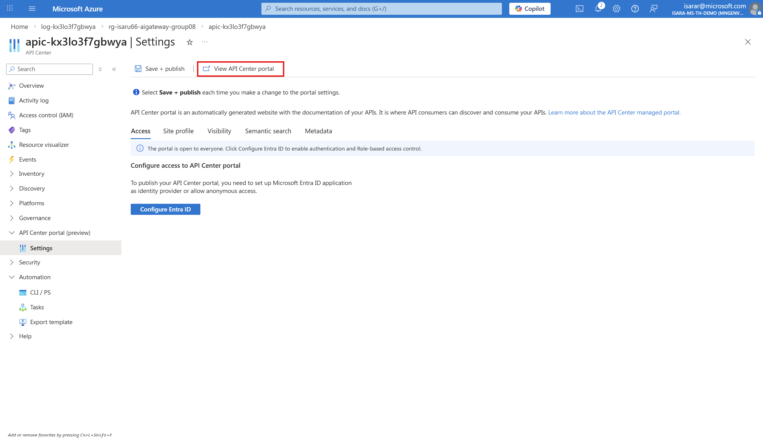 Save and publish the API Center portal