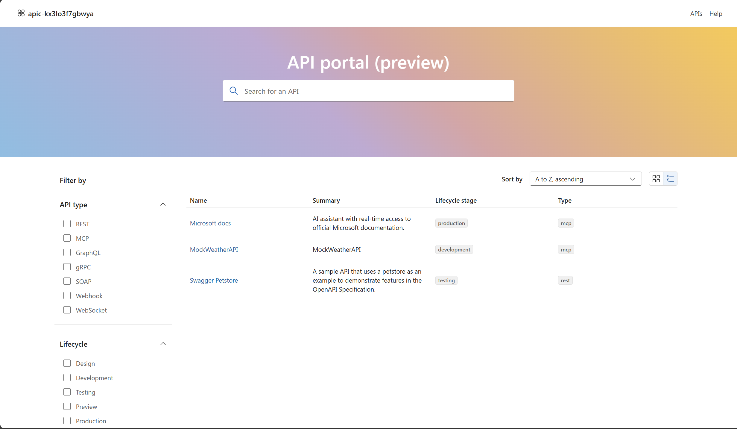 View the published API Center portal